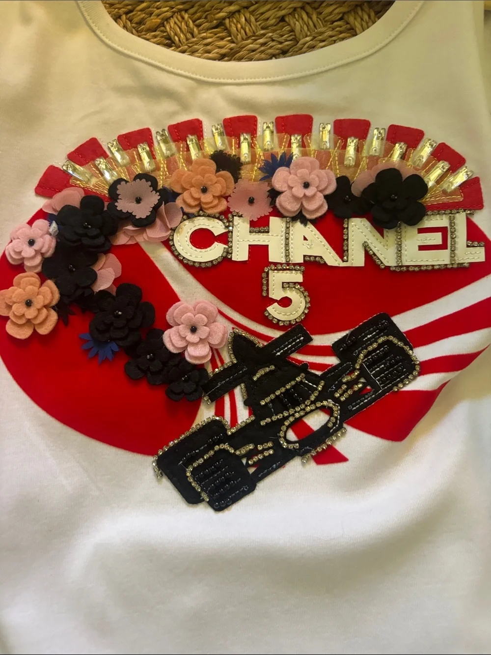 CHANEL White Tank Dress with Red Floral & Gold Embellishment